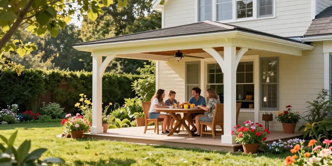 Freistehende Terrassenüberdachung in einem Garten mit Familie, die die Außenzeit genießt.