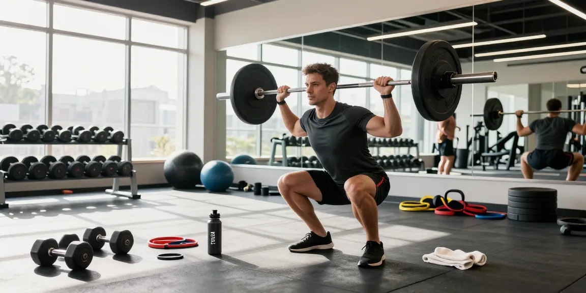 Akra Labs Steroid Shop: Athlet im Fitnessstudio beim Squat-Training mit professioneller Ausrüstung und hellem Licht.