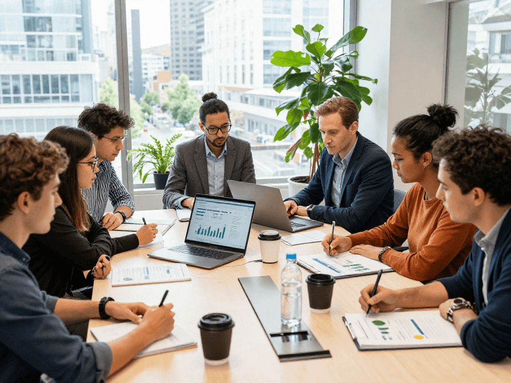 Groep ondernemers bespreekt zakelijk krediet aan grote conferentietafel in moderne kantooromgeving.