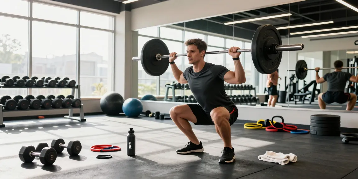 Akra Labs Steroid Shop: Athlet im Fitnessstudio beim Squat-Training mit professioneller Ausrüstung und hellem Licht.