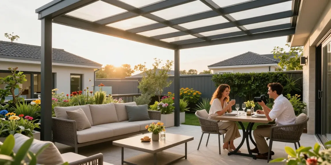 Moderne Terrassenüberdachung freistehend mit glücklichem Paar im Garten.