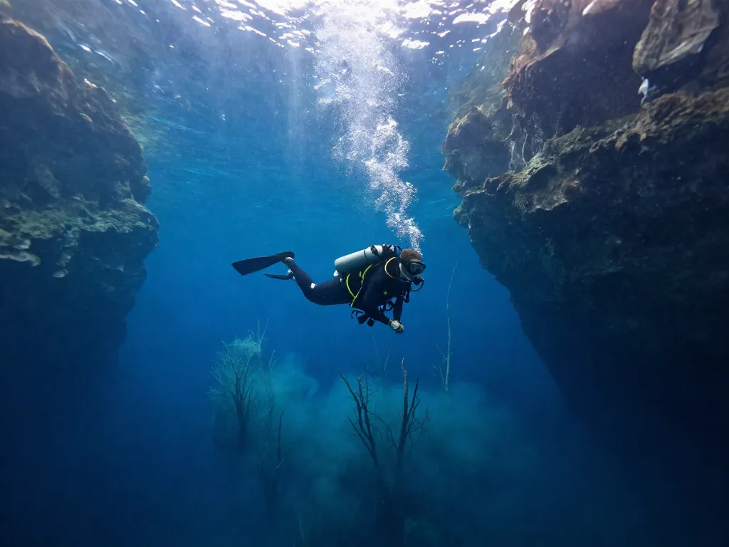 Cenote El Pit Tauchplatz mit eindrucksvollen Lichtstrahlen und einem erfahrenen Taucher im Wasser.