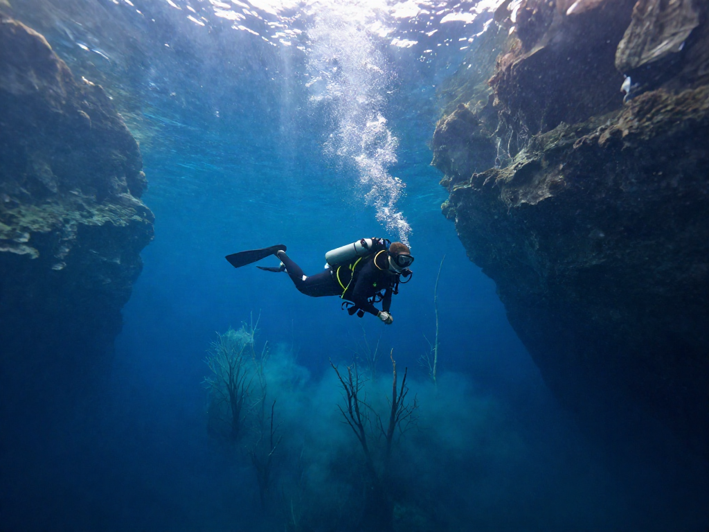 Cenote El Pit Tauchplatz mit eindrucksvollen Lichtstrahlen und einem erfahrenen Taucher im Wasser.