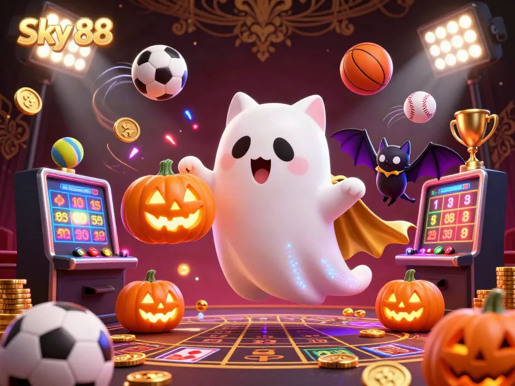 Experience thrilling action at Sky 88 with a whimsical ghost cat and bat surrounded by dynamic sports elements.