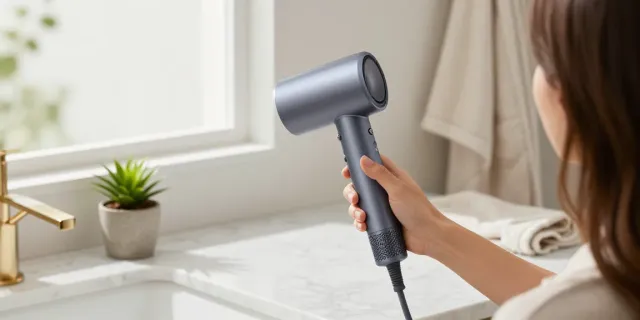 Der Ionen Haartrockner in einem modernen Badezimmer bei der Anwendung für glattes, glänzendes Haar.