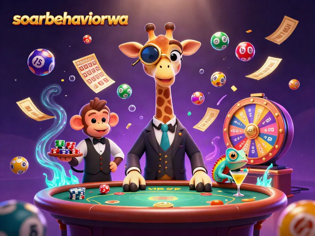 Engage with soarbehaviorwa's vibrant casino scene featuring a high-roller giraffe, colorful lottery balls, and dynamic game elements.