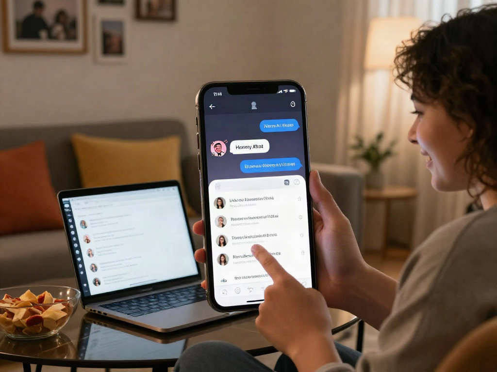 Engaging in horny AI chat on a smartphone in a cozy setting.