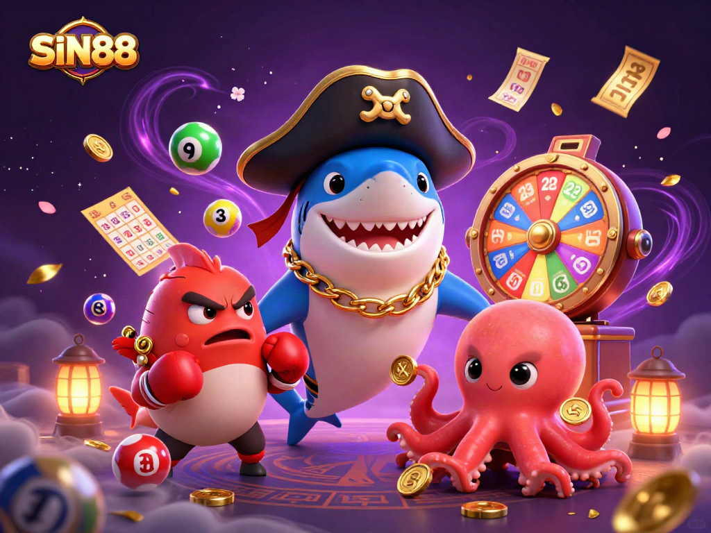 Engage in thrilling gaming with SIN88's vibrant 3D representation featuring a pirate shark and colorful lottery elements.