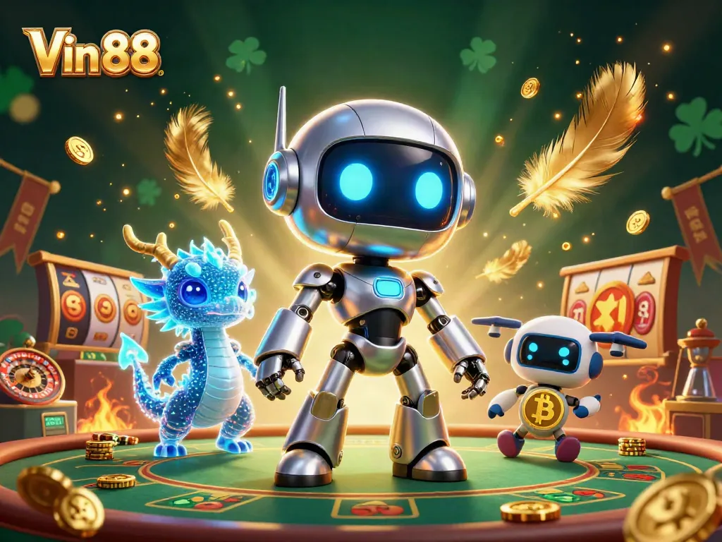 Engage with Vin 88 in this lively 3D illustration, showcasing exciting casino games and vibrant gaming elements.