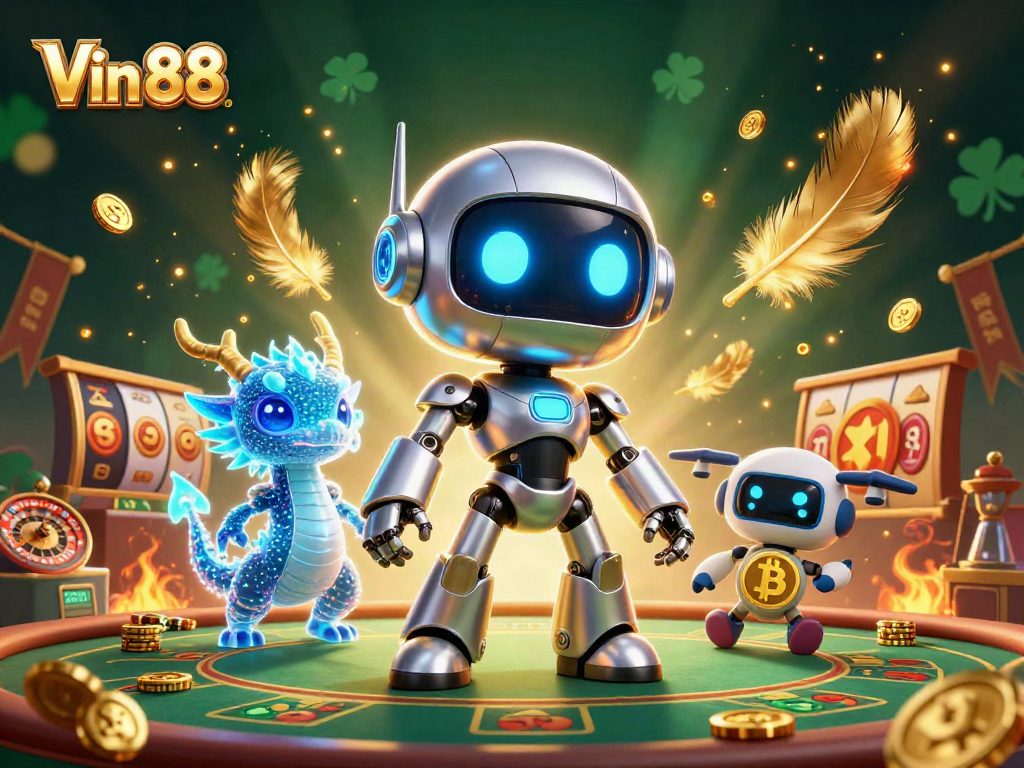 Engage with Vin 88 in this lively 3D illustration, showcasing exciting casino games and vibrant gaming elements.