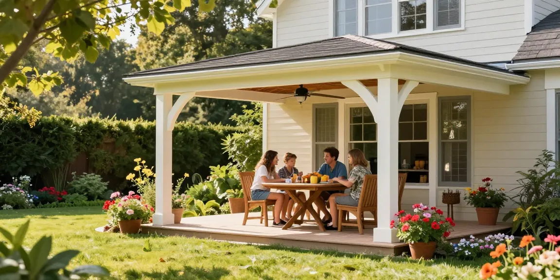 Freistehende Terrassenüberdachung in einem Garten mit Familie, die die Außenzeit genießt.