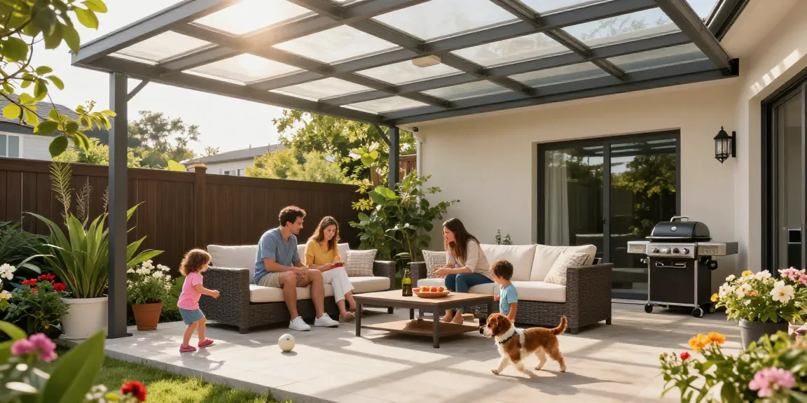 Eine liebevoll gestaltete Terrasse mit Terrassenüberdachungen, auf der eine Familie einen sonnigen Tag genießt.
