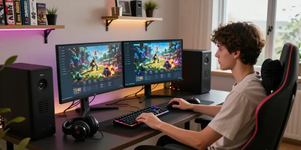 Rokok88 login interface displayed on dual monitors in a cozy gaming setup with vibrant graphics and accessories.