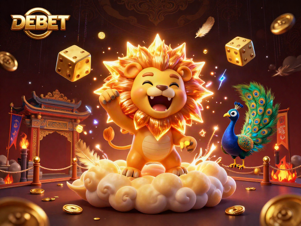 Experience the thrill of DEBET's dynamic gaming scene featuring a roaring lion and golden dice amidst vibrant casino elements.
