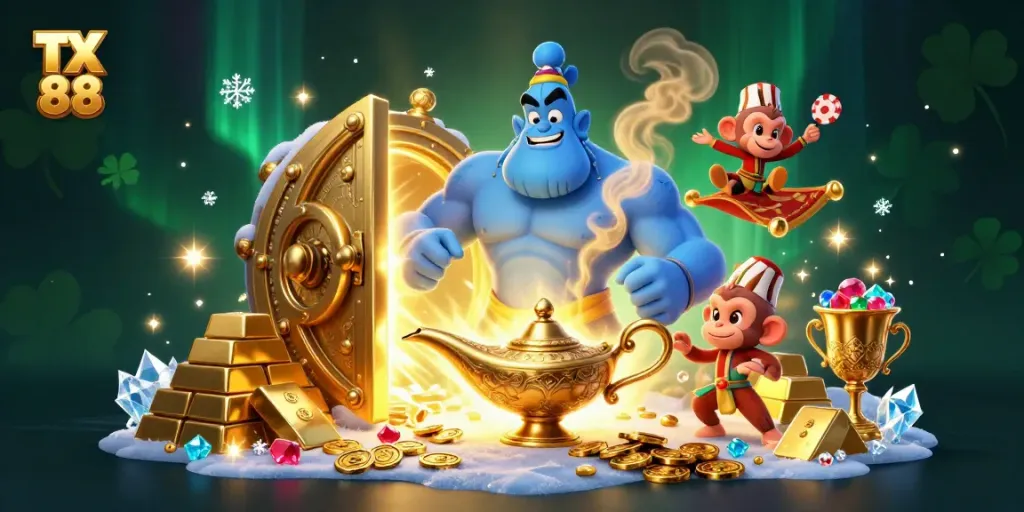 Experience the excitement of TX 88 with a magical casino scene featuring a genie, monkey, and treasure.
