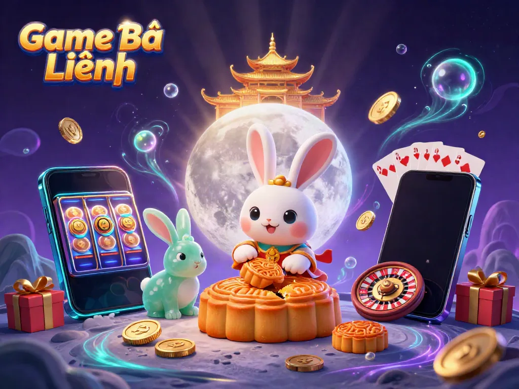 Engage in Game Bài Liêng with vibrant visuals of a cartoon moon rabbit revealing poker chips.