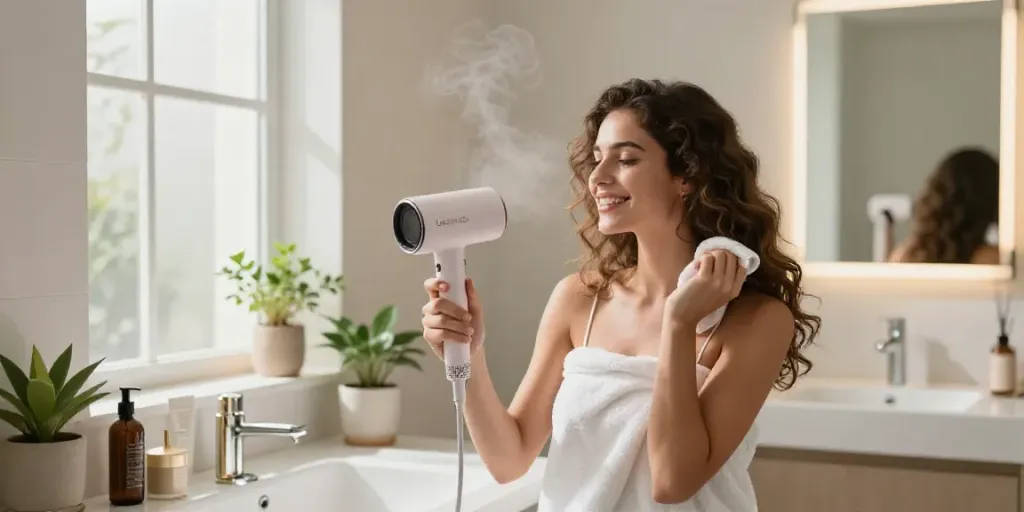 Junge Frau benutzt den Laifen Air Pro Haartrockner in einem modernen Badezimmer mit warmem Ambiente.