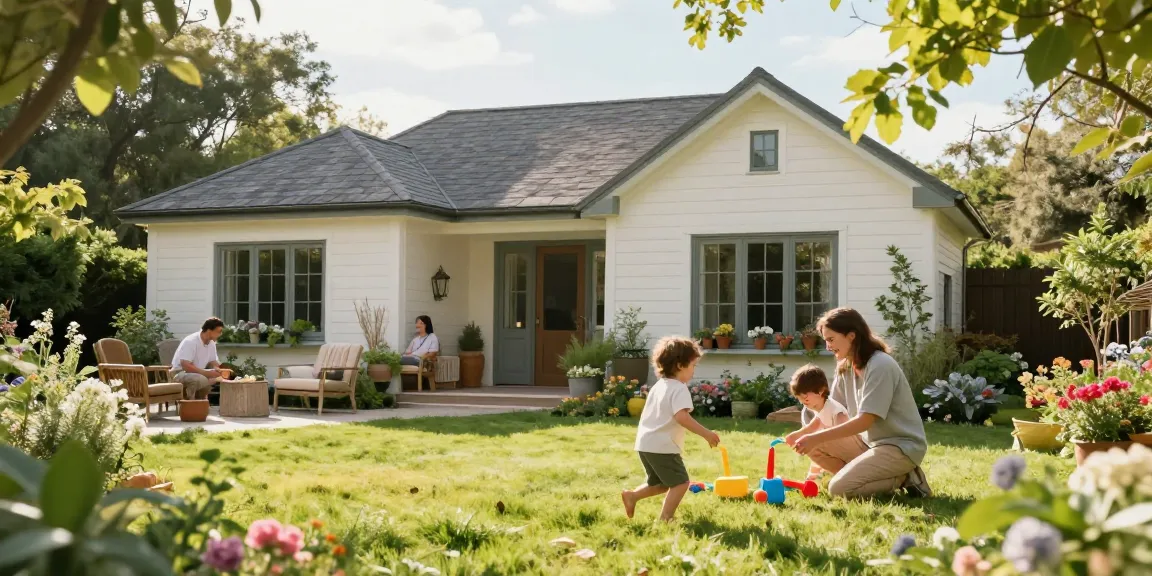 Schönes Gartenhaus in einem gut gestalteten Garten mit spielenden Kindern und einer glücklichen Familie.