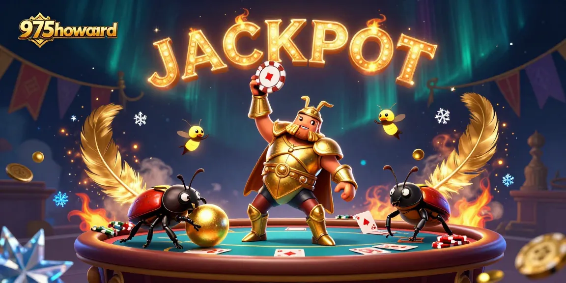 Engage in thrilling poker gameplay at 975howard with a golden beetle champion lifting a jackpot chip high.
