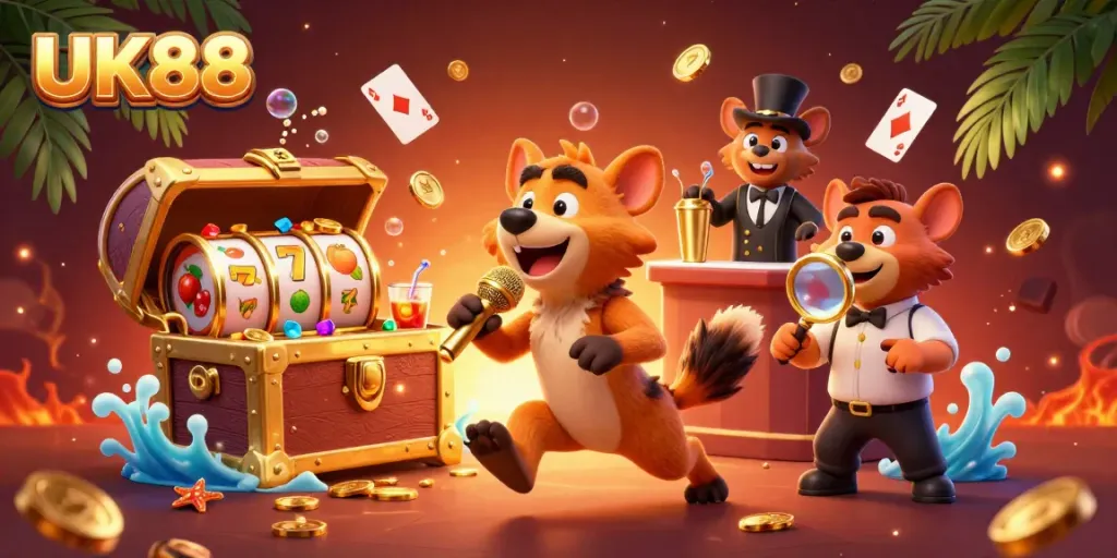 Experience the vibrant comedy casino club atmosphere at UK88, featuring lively hyenas.