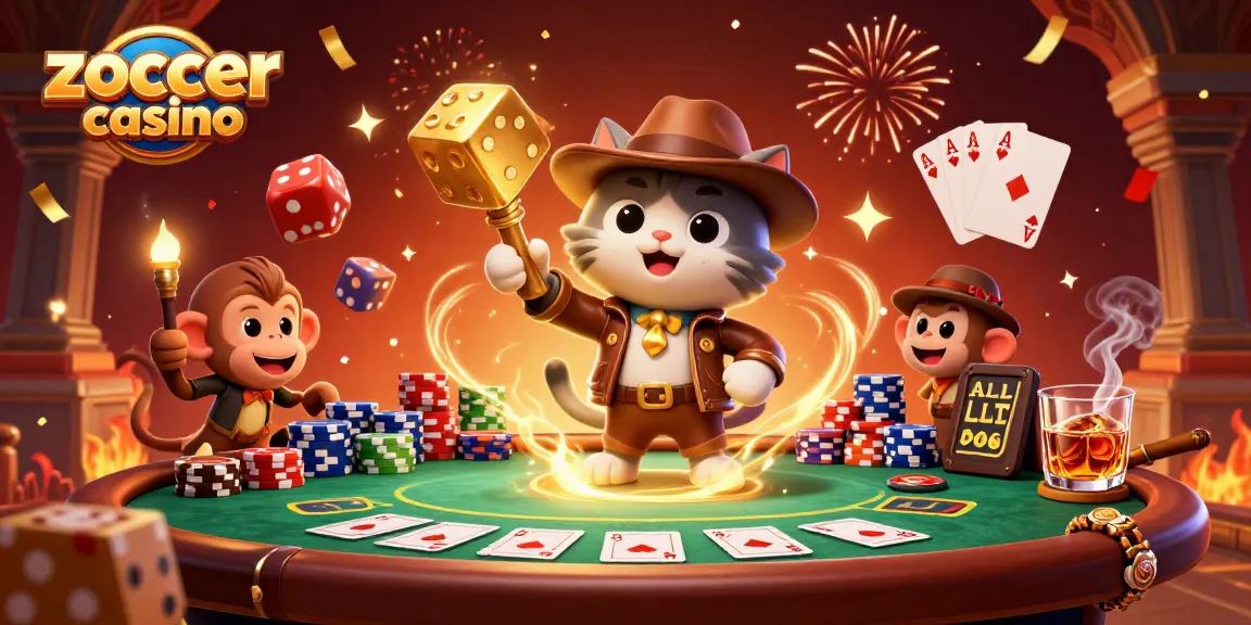 Zoccer casino illustration showing a cat archaeologist discovering treasures amid a lively casino scene.