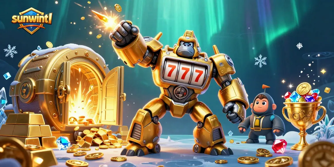 Win big at sunwint1 with the golden gorilla mech celebrating jackpots and treasures!